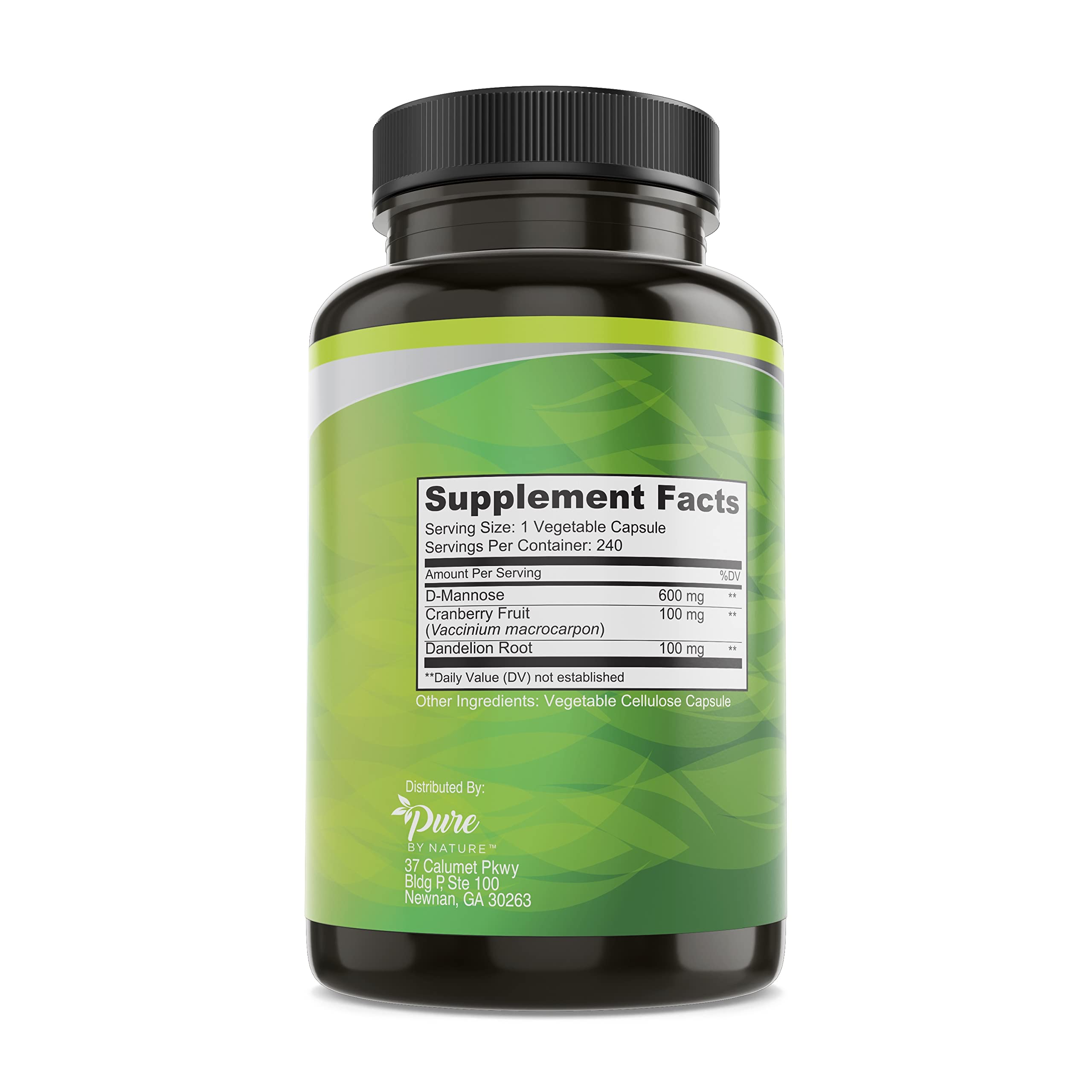 Product packshot showing Pure By Nature D-Mannose 600mg vegan capsules with Cranberry and Dandelion Extract, 240 count
