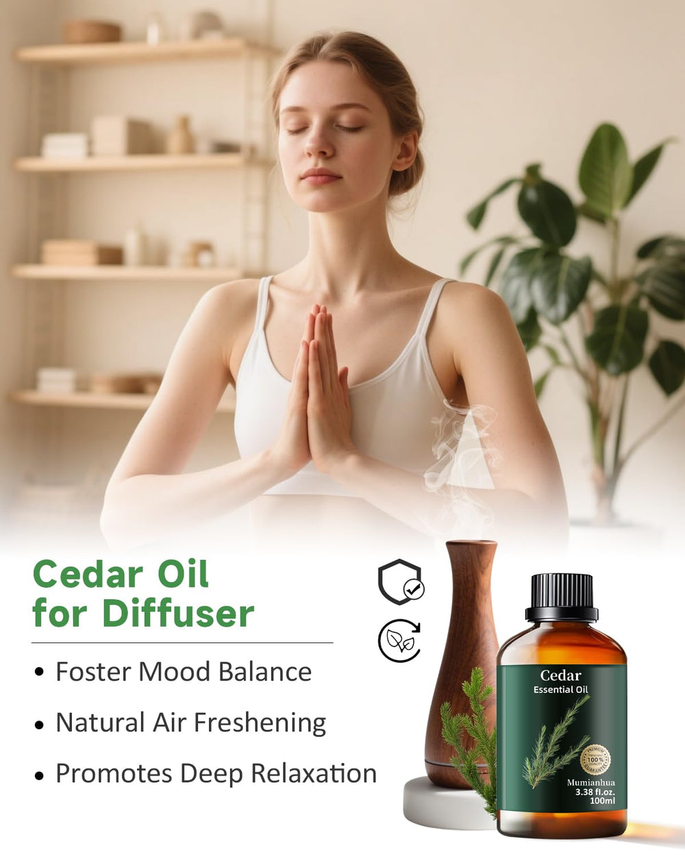 Cedarwood essential oil diffuser in a calm bedroom setting