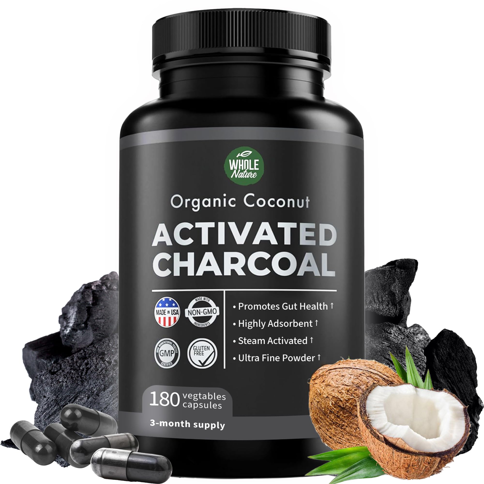 180-count bottle of Pure Coconut Activated Charcoal Capsules