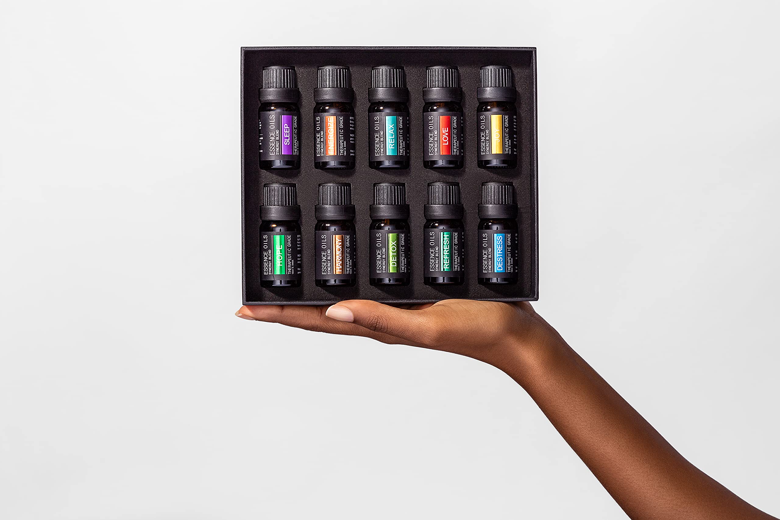 10 x 10ml essential oil bottles including Clove, Eucalyptus, Jasmine, Lavender, Lemongrass, Nutmeg, Peppermint, Spearmint, Orange and Tea Tree