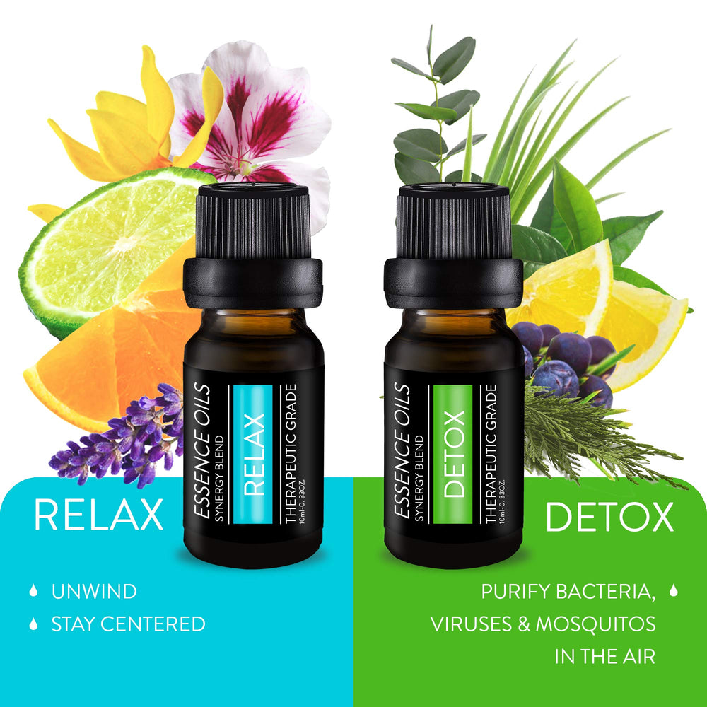 Close-up of product labels on 10ml essential oil bottles