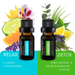 Close-up of product labels on 10ml essential oil bottles