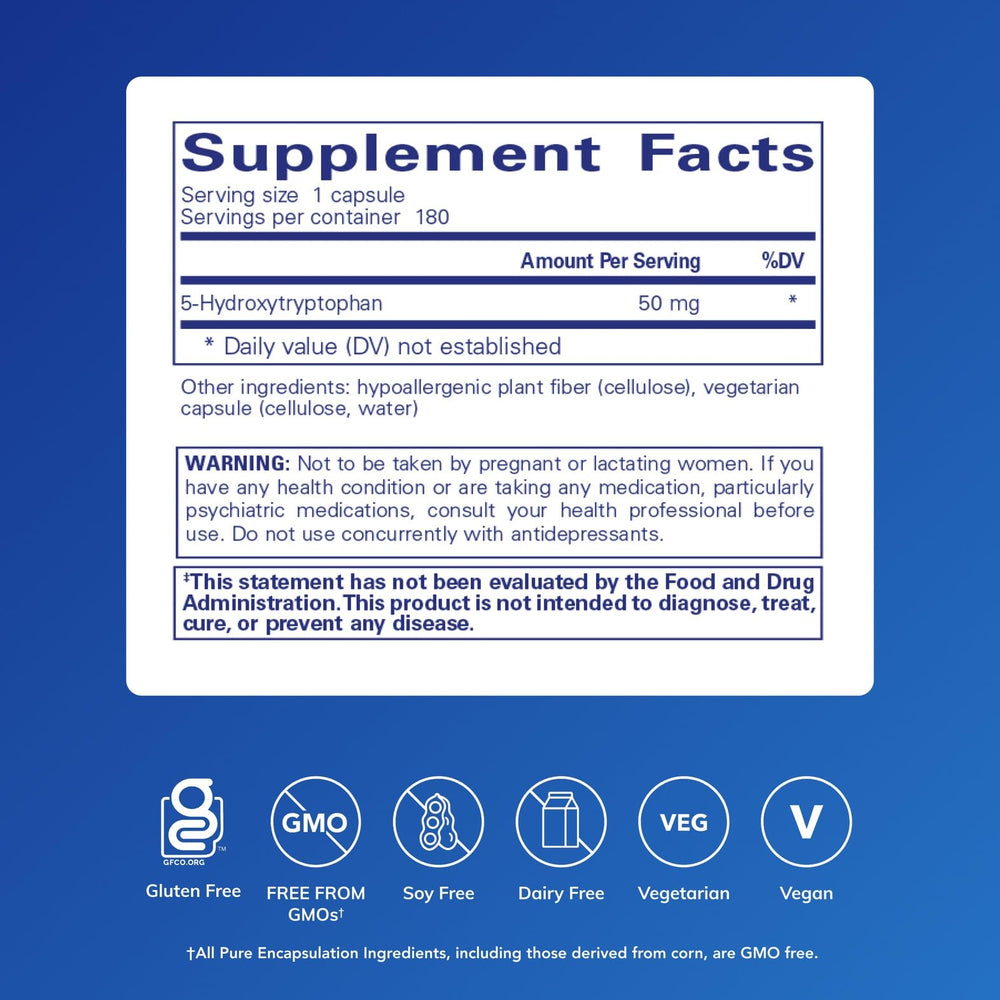 180-count Pure Encapsulations 5-HTP capsules on display for daily use.