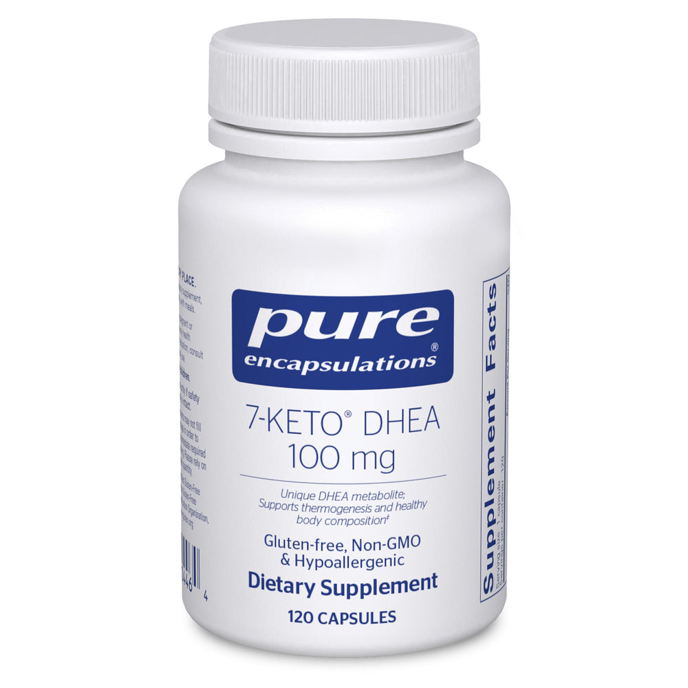 Pure Encapsulations 7-Keto DHEA bottle front view highlighting metabolic support.