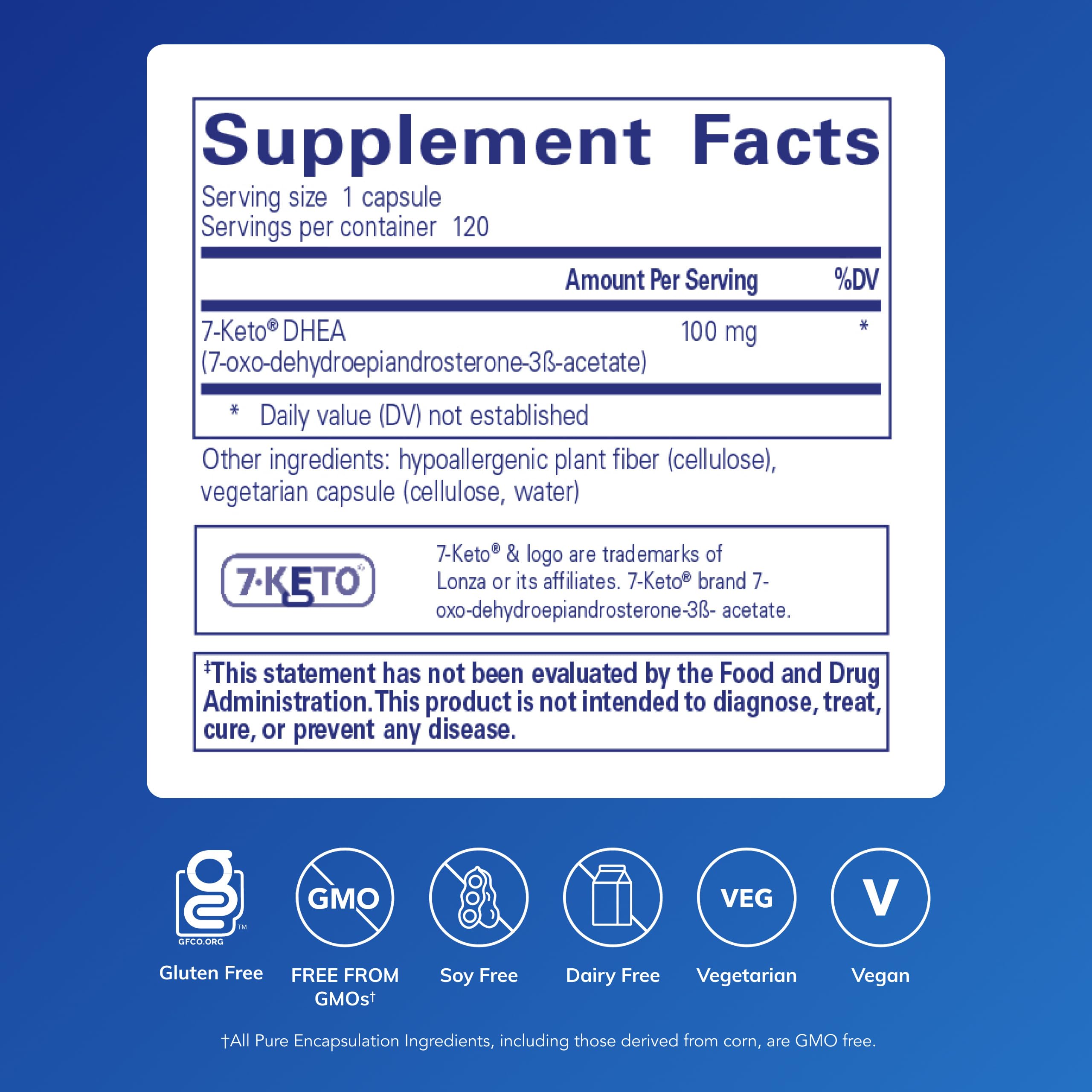Pure Encapsulations 7-Keto DHEA label close-up with capsule details.