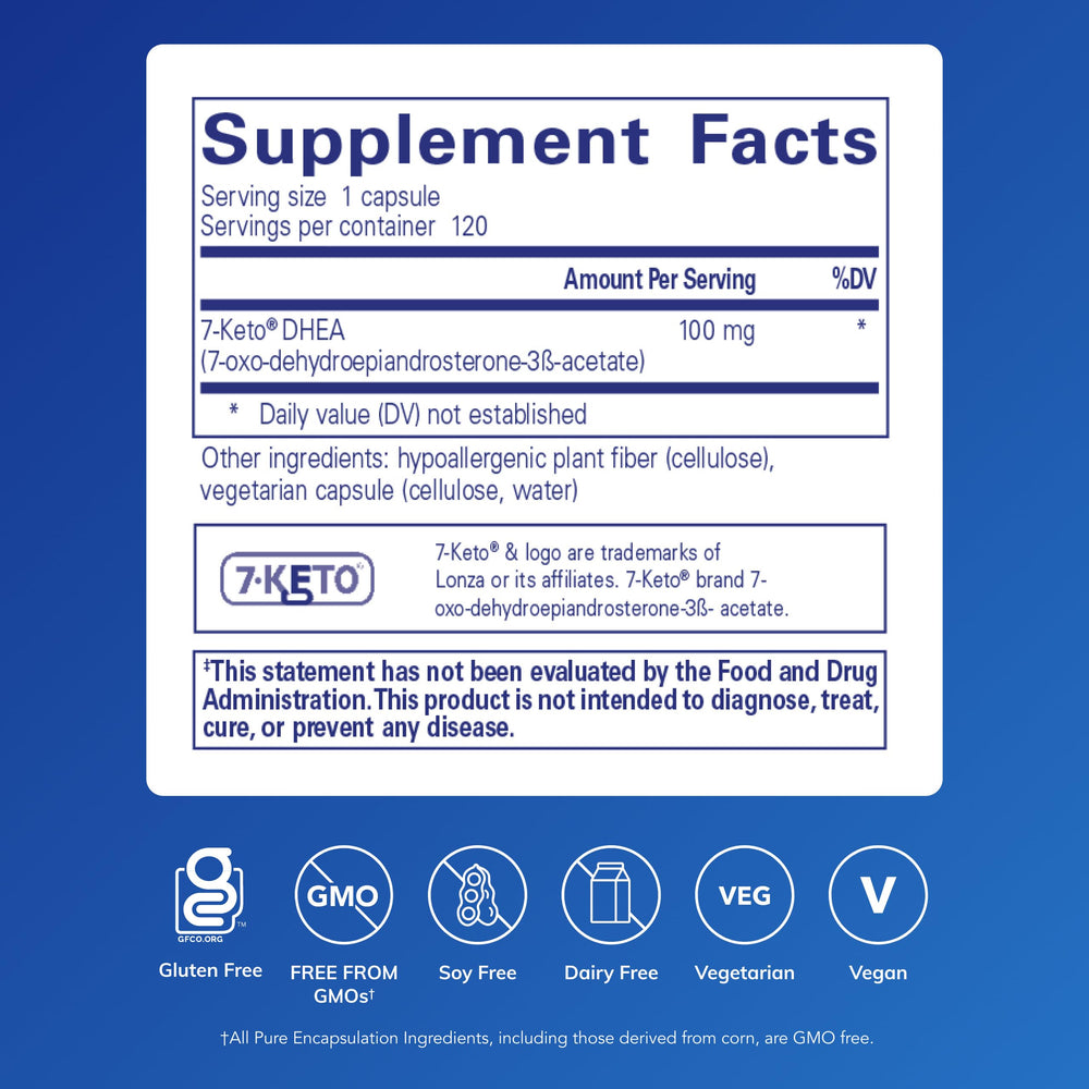 Pure Encapsulations 7-Keto DHEA label close-up with capsule details.