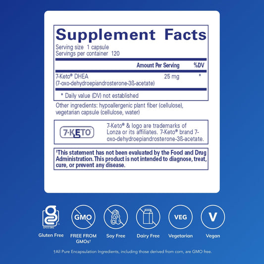 Close-up of ingredient panel for Pure Encapsulations 7-Keto DHEA 25 mg