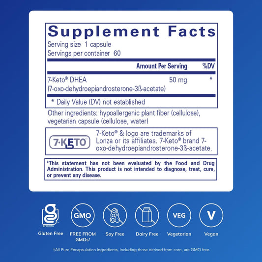 Bottle back with supplement facts for 7-Keto DHEA 50 mg