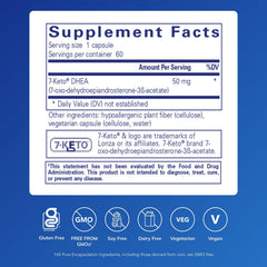 Bottle back with supplement facts for 7-Keto DHEA 50 mg