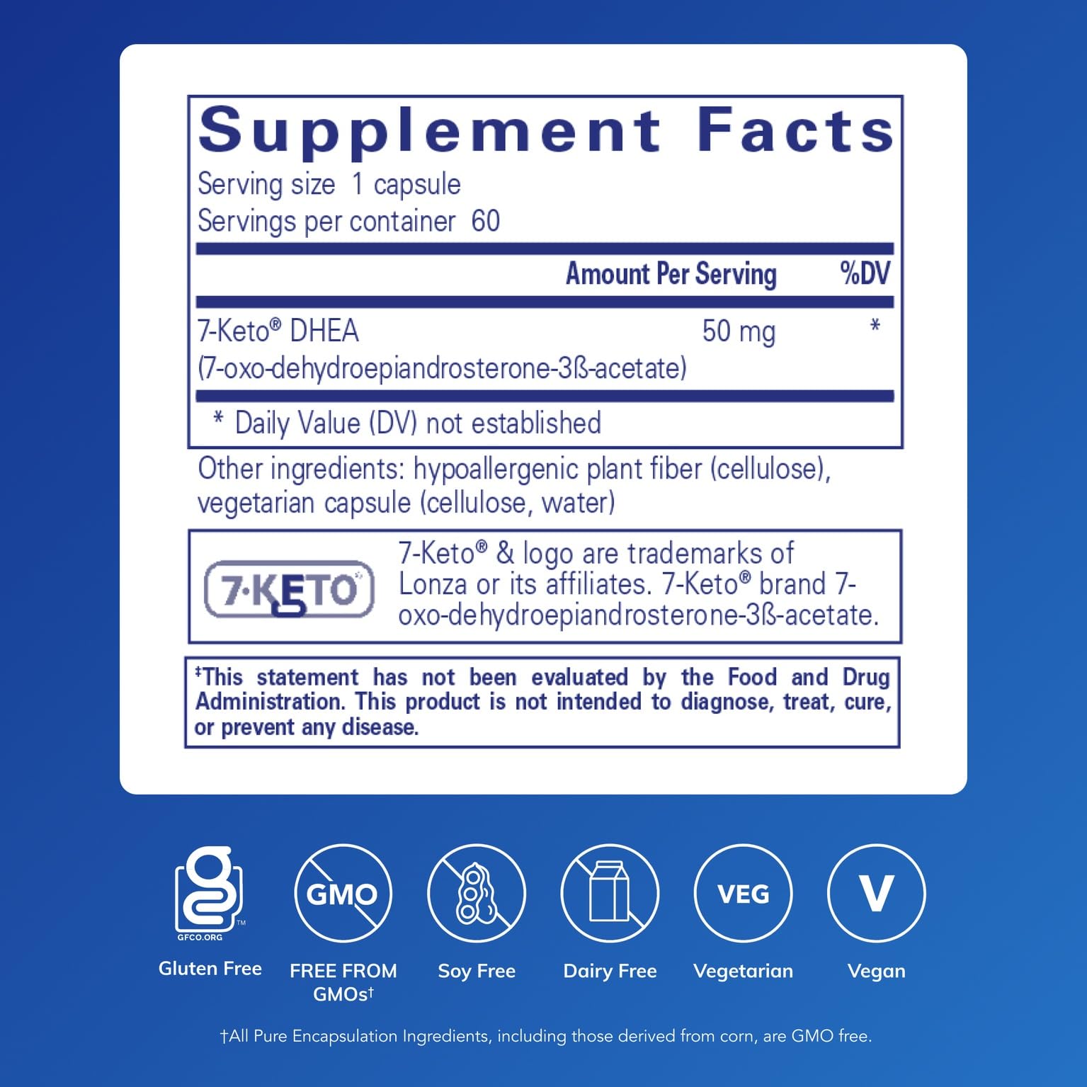 Closeup of the Pure Encapsulations 7-Keto DHEA label highlighting purity