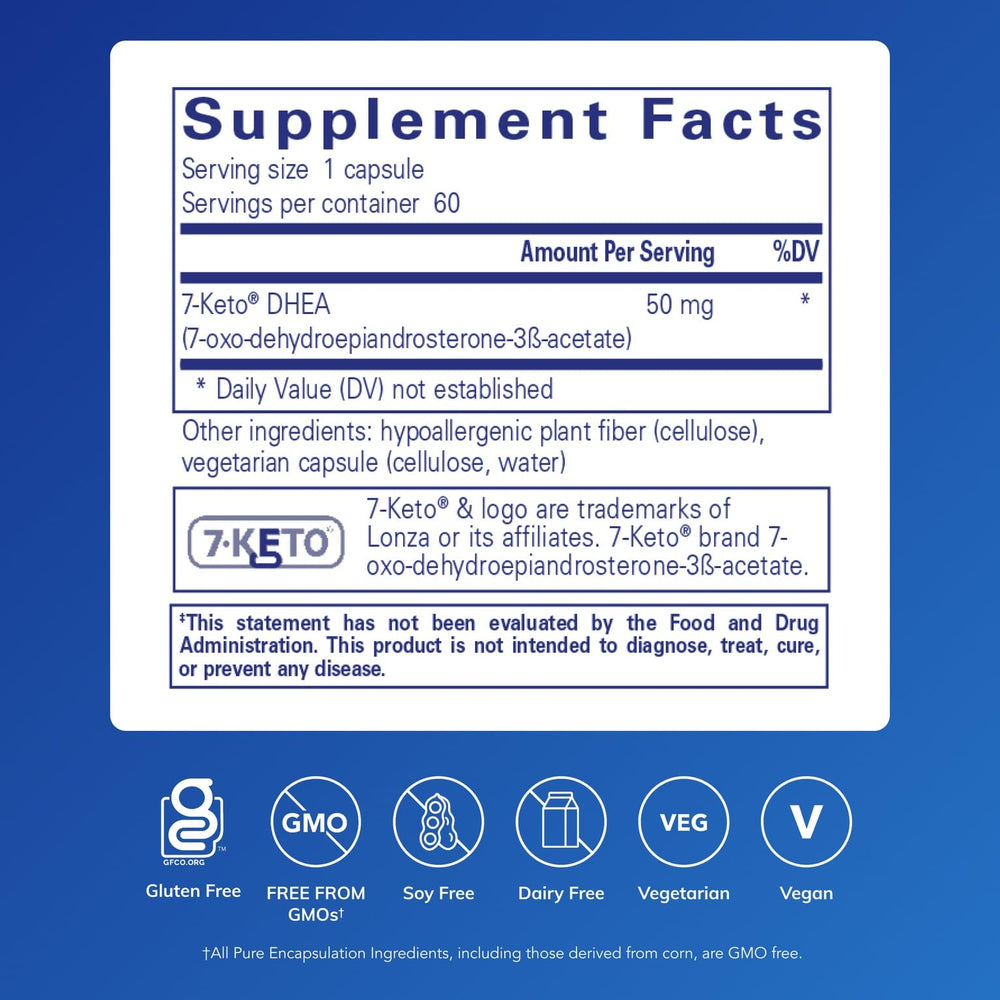 Closeup of the Pure Encapsulations 7-Keto DHEA label highlighting purity