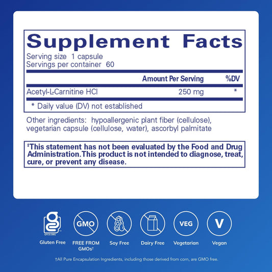 Close-up of Acetyl-L-Carnitine 250 mg bottle label
