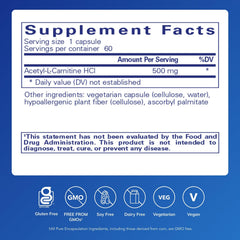 Close-up of Pure Encapsulations Acetyl-L-Carnitine 500 mg capsules for daily cognitive support.