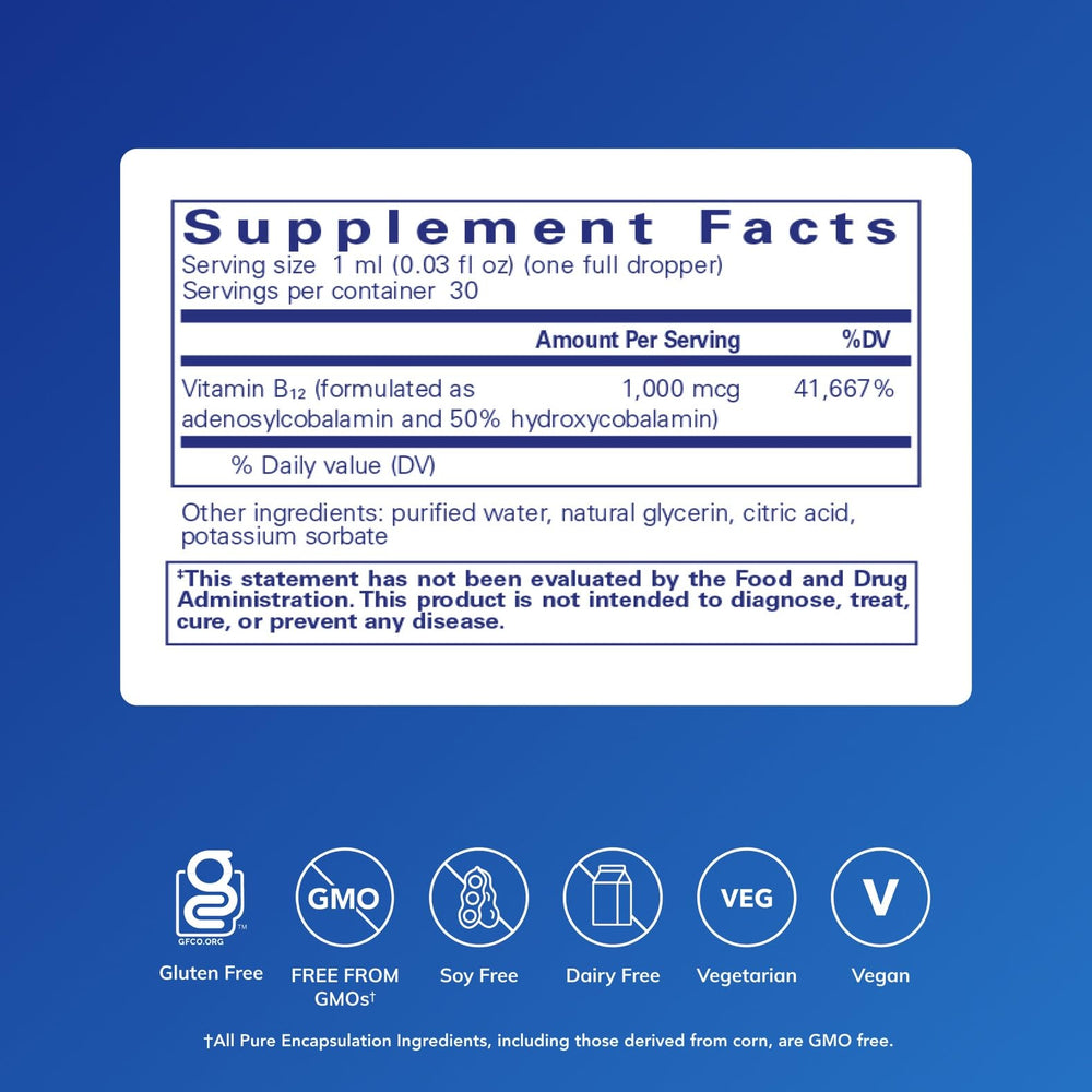 Close-up of the bottle label for Adenosyl/Hydroxy B12 Liquid 30 mL