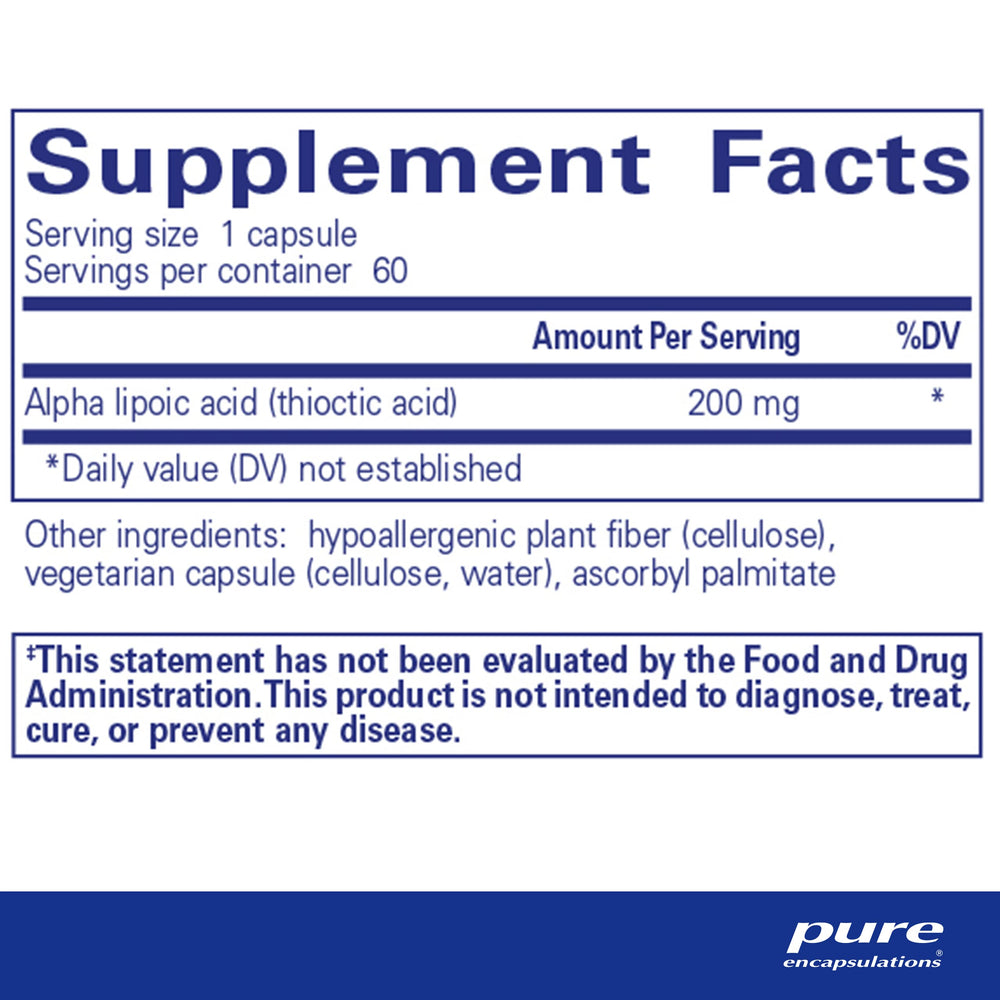 Bottle of Pure Encapsulations Alpha Lipoic Acid 200 mg, vegan and gluten-free.