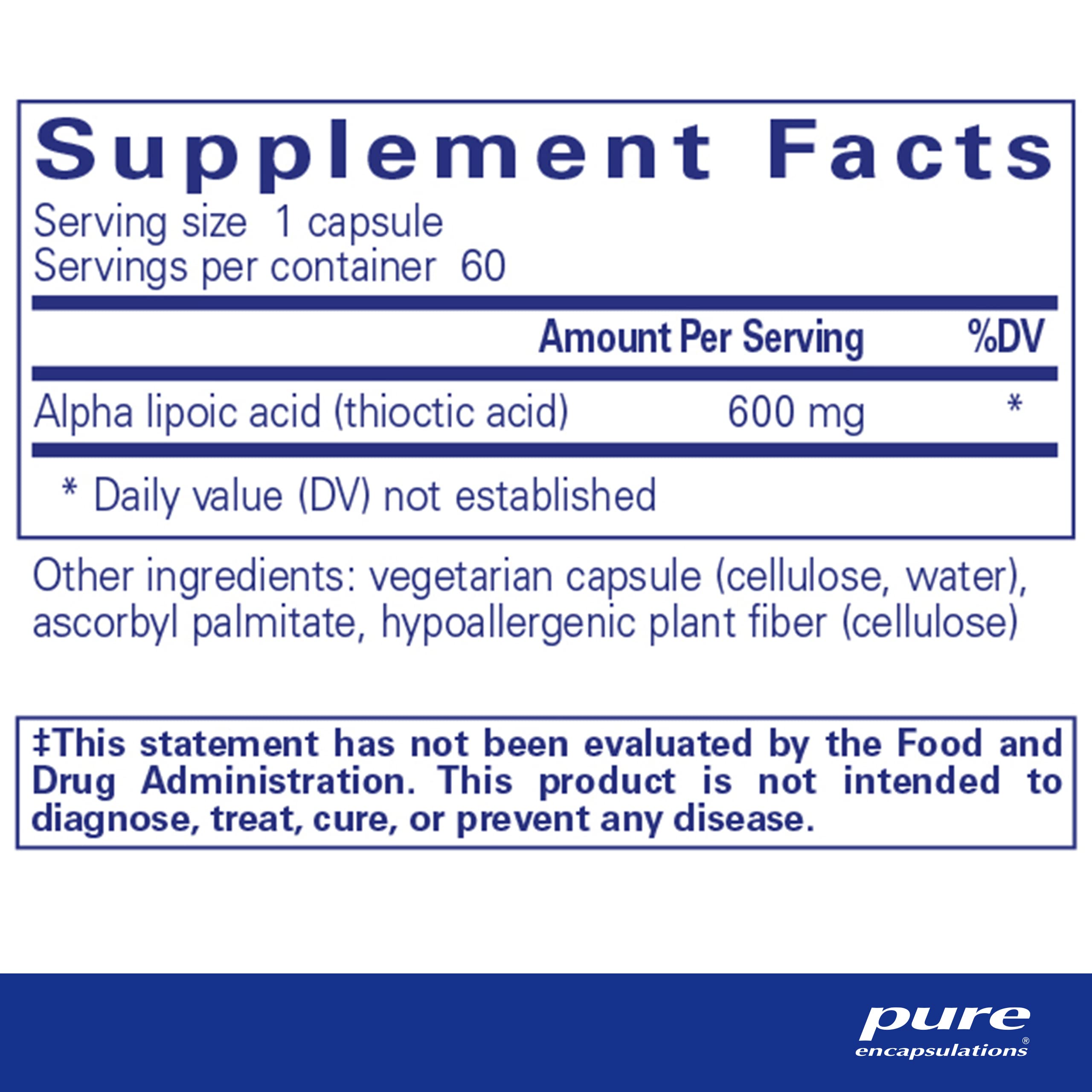 Alpha Lipoic Acid 600 mg bottle - back label with supplement facts