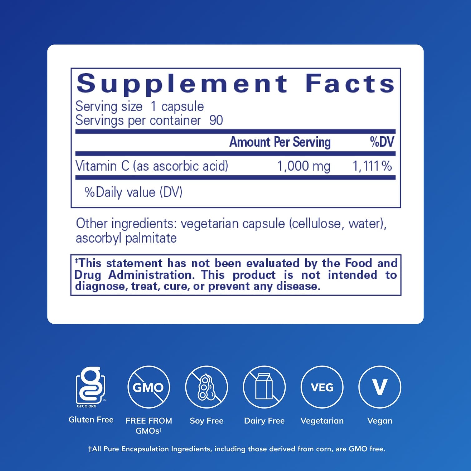Front label of Pure Encapsulations Ascorbic Acid 1000 mg capsules