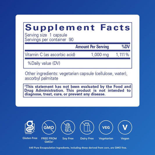 Front label of Pure Encapsulations Ascorbic Acid 1000 mg capsules