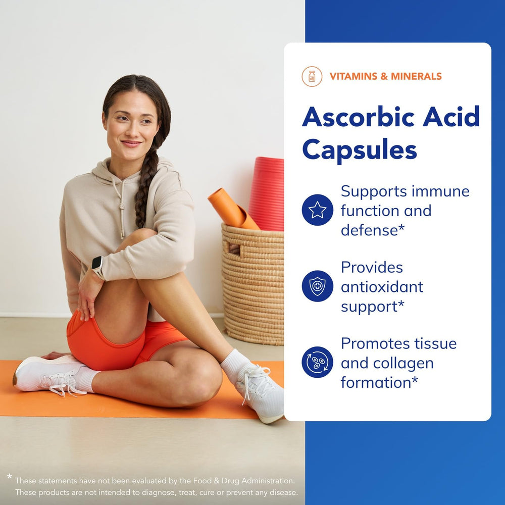 Ingredients and supplement facts panel for the 1000 mg ascorbic acid capsules