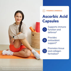 Ingredients and supplement facts panel for the 1000 mg ascorbic acid capsules