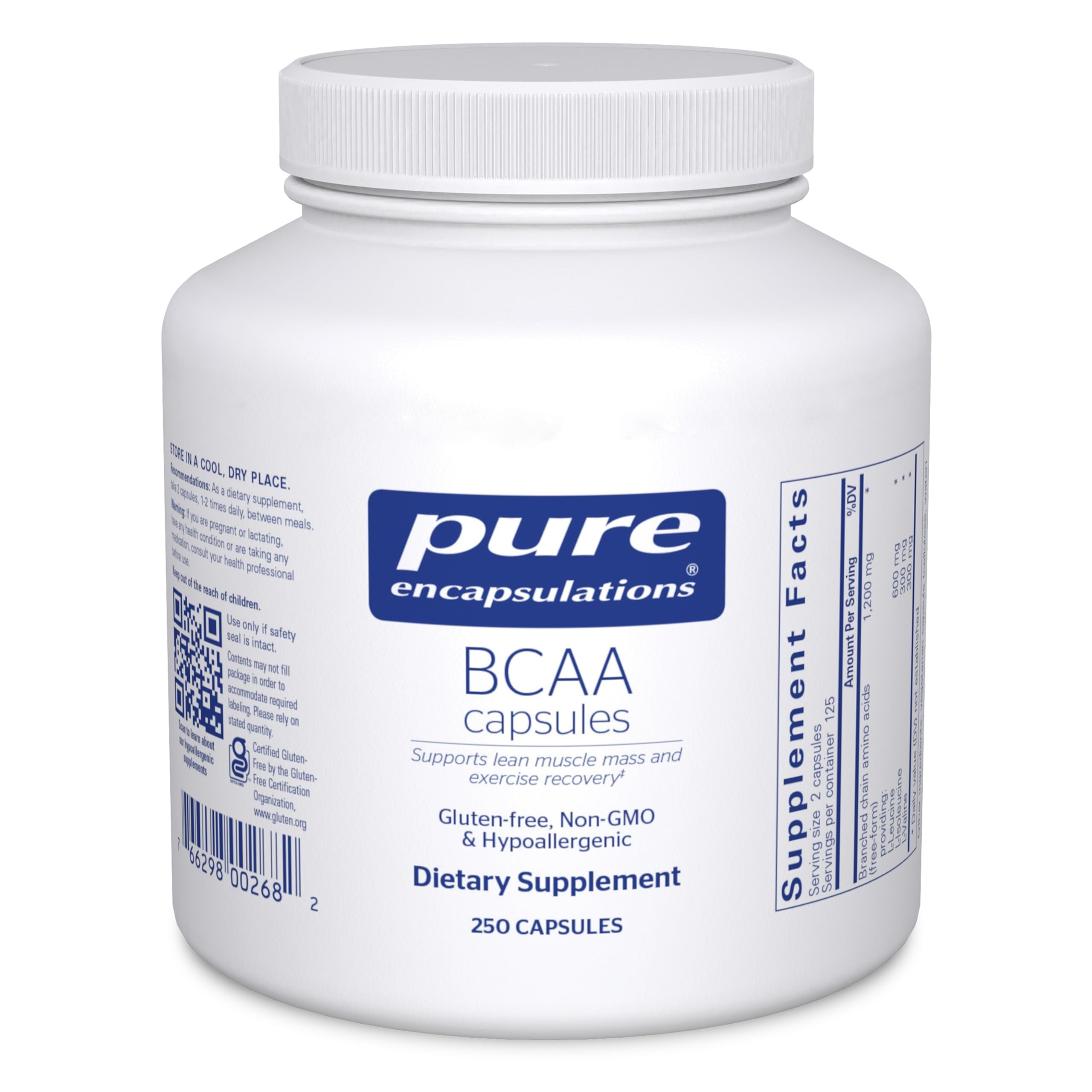 Front view of Pure Encapsulations BCAA Capsules bottle (250 capsules)
