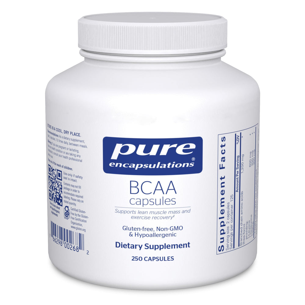 Front view of Pure Encapsulations BCAA Capsules bottle (250 capsules)