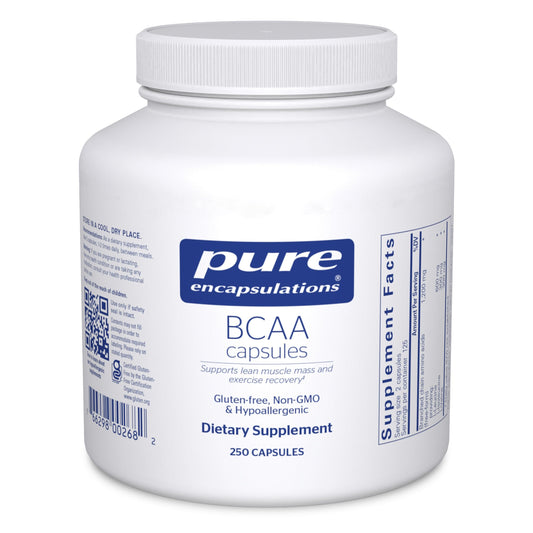 Front view of Pure Encapsulations BCAA Capsules bottle (250 capsules)