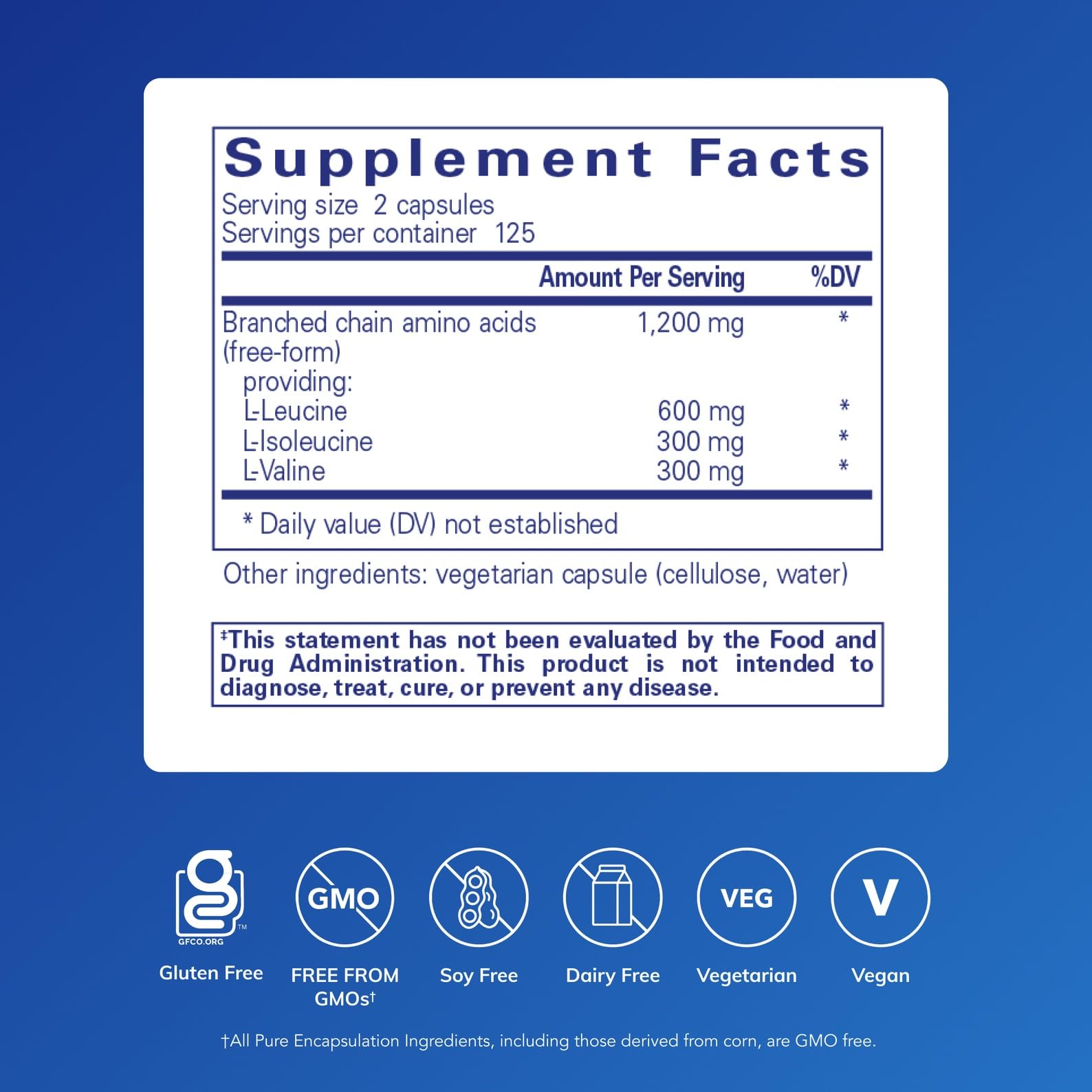 Label of Pure Encapsulations BCAA Capsules highlighting hypoallergenic formulation