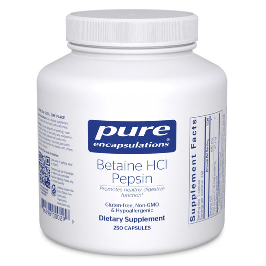 Bottle of Pure Encapsulations Betaine HCl Pepsin Digestive Enzymes, 250 capsules