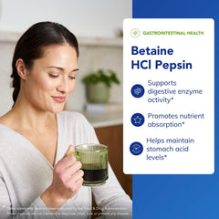 Close-up of Betaine HCl Pepsin capsules and bottle label