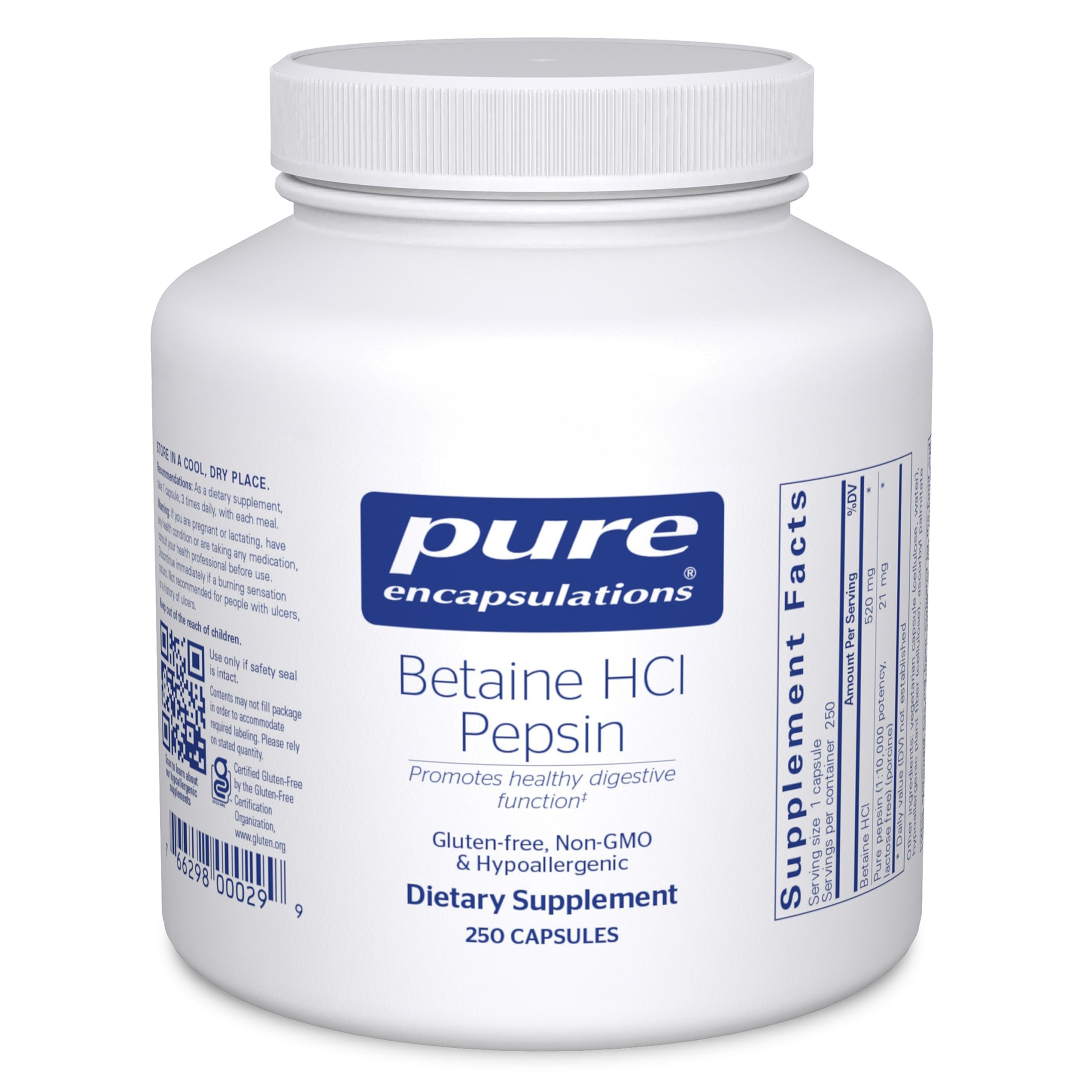 Pure Encapsulations Betaine HCl Pepsin bottle front for digestive support