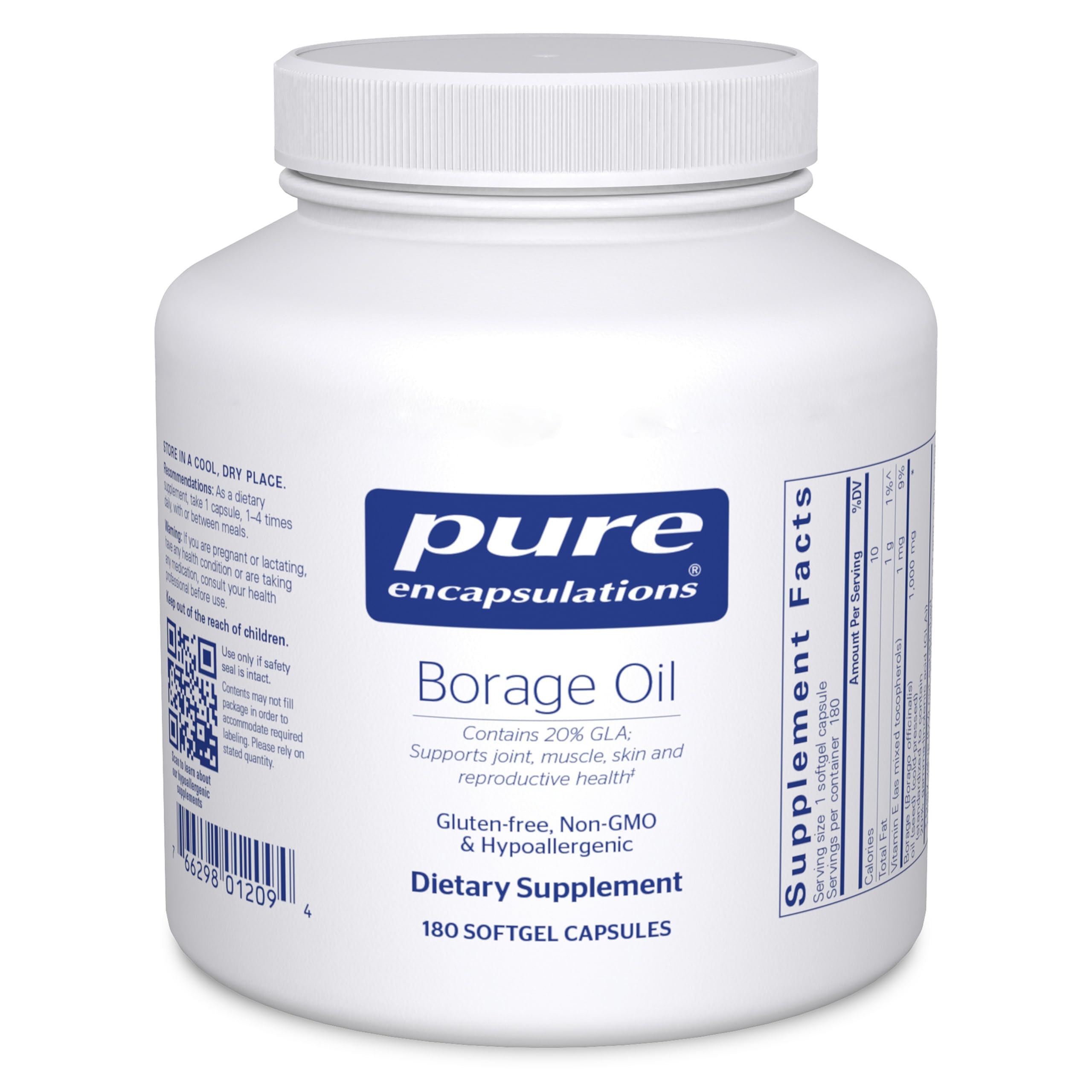 Pure Encapsulations Borage Oil softgel bottle for daily immune and joint support.