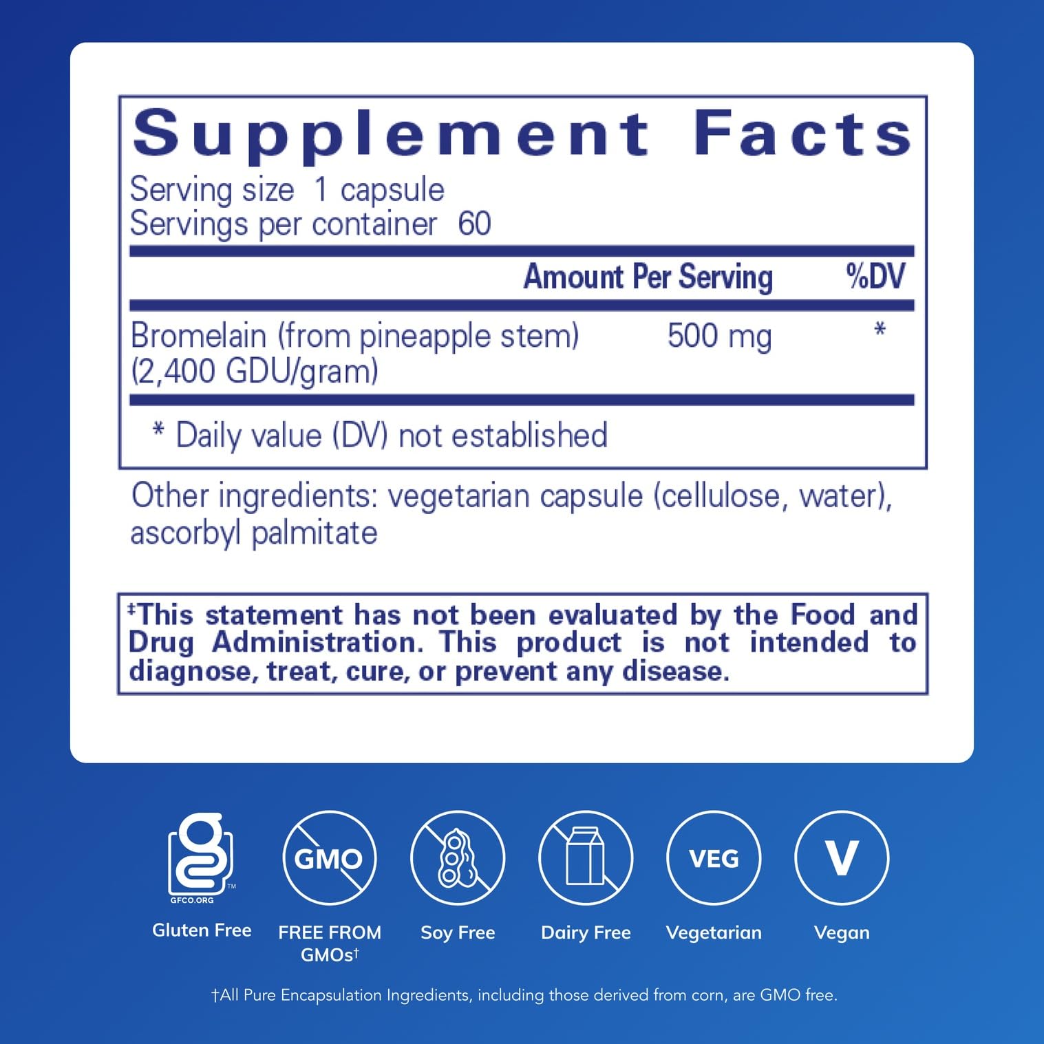 Close-up of Bromelain 2400 500 mg supplement label