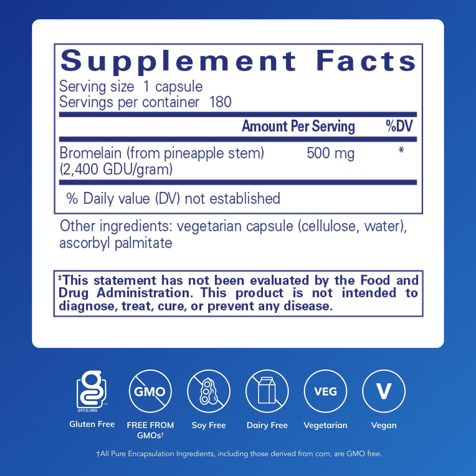 Pure Encapsulations Bromelain 2400 capsules closeup highlights vegan enzyme source.