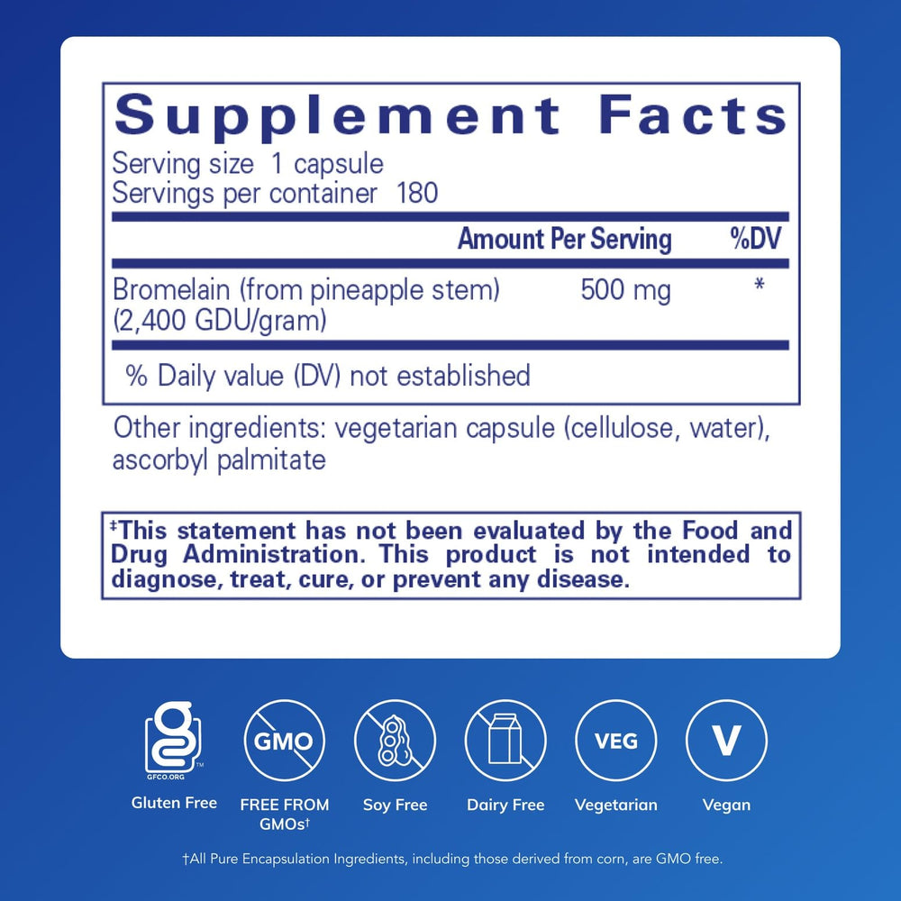 Pure Encapsulations Bromelain 2400 capsules closeup highlights vegan enzyme source.