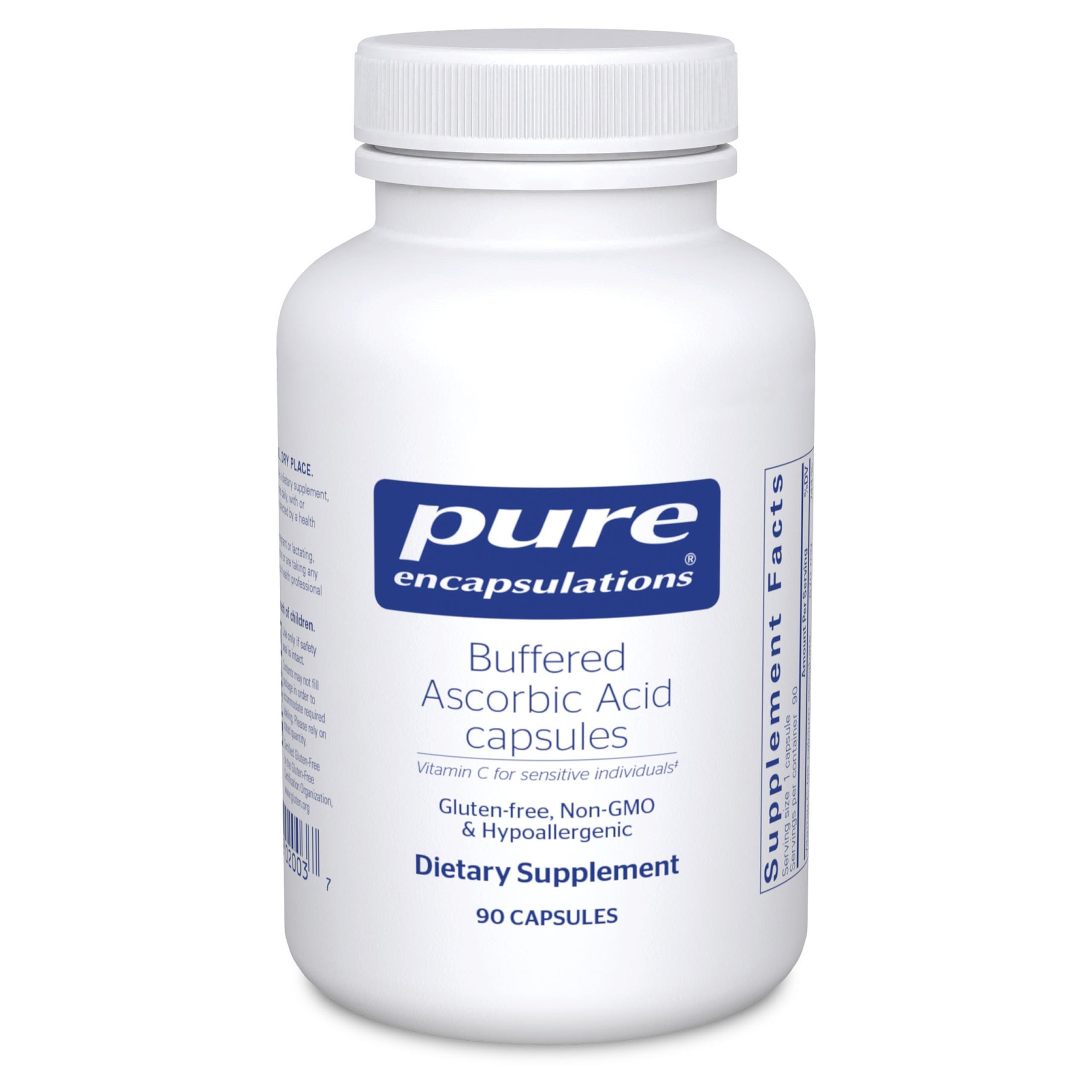 Front view of Pure Encapsulations Buffered Ascorbic Acid Capsules bottle with 90 capsules
