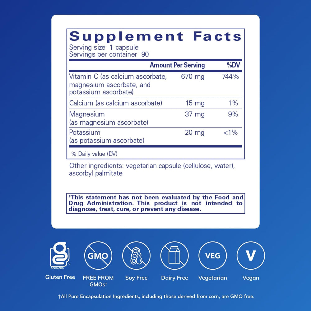 Product label showing 90-count bottle for Buffered Ascorbic Acid Capsules