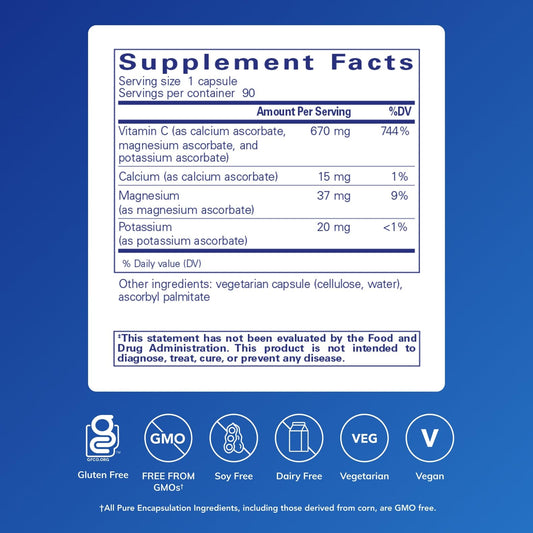 Product label showing 90-count bottle for Buffered Ascorbic Acid Capsules