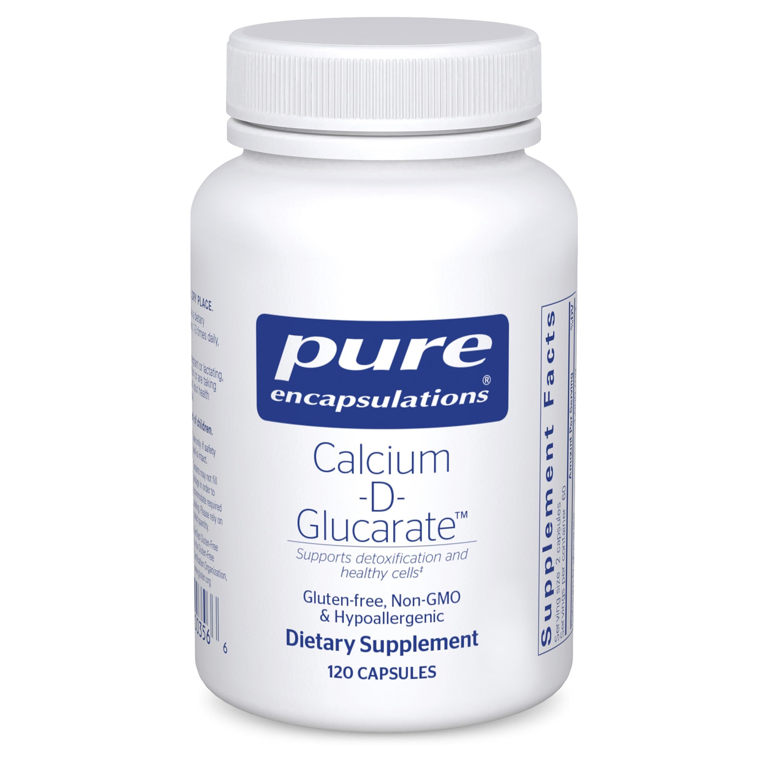 Pure Encapsulations Calcium-D-Glucarate bottle on shelf highlighting supplement for potential detox support.