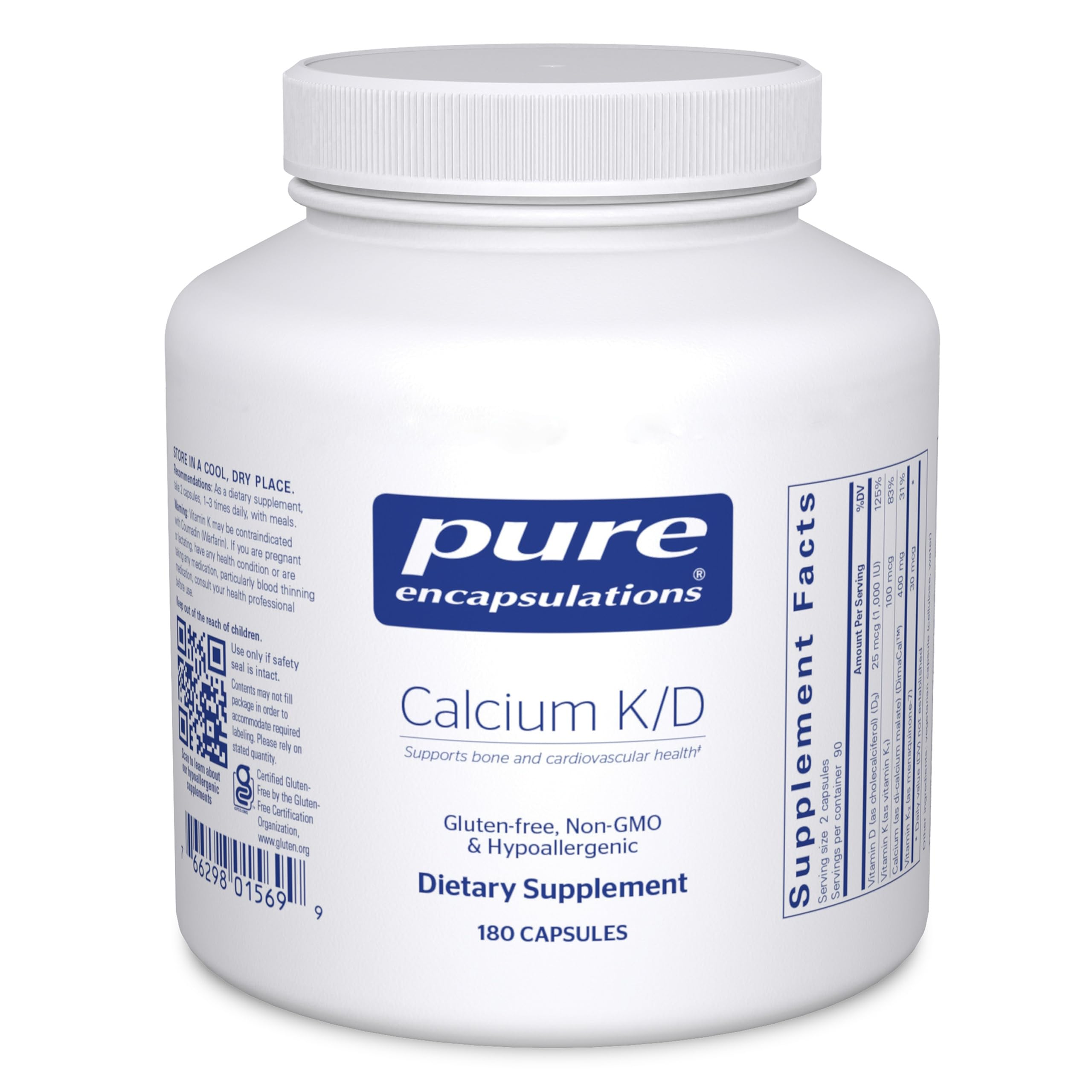 Pure Encapsulations Calcium K/D bottle front, supporting bone health with vitamin D and K