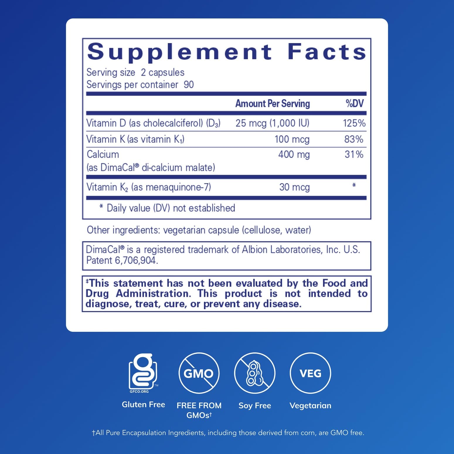 Pure Encapsulations Calcium K/D bottle nutrition facts highlighting calcium and co-nutrients