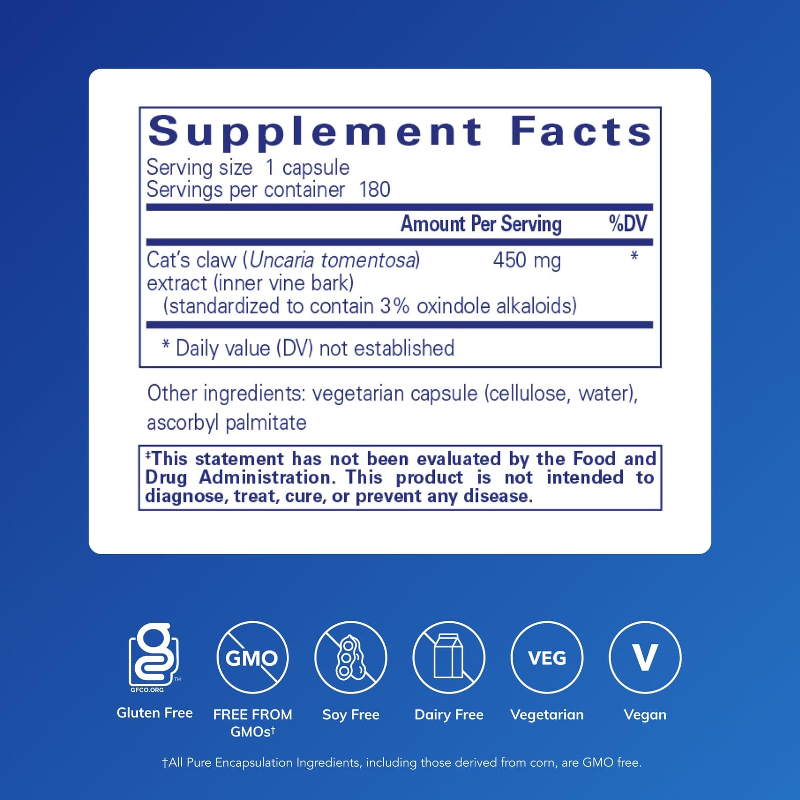 Cat's Claw capsules close-up highlights smooth, easy-to-swallow capsules.