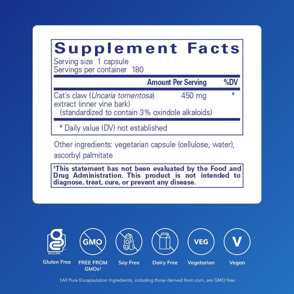Cat's Claw capsules close-up highlights smooth, easy-to-swallow capsules.