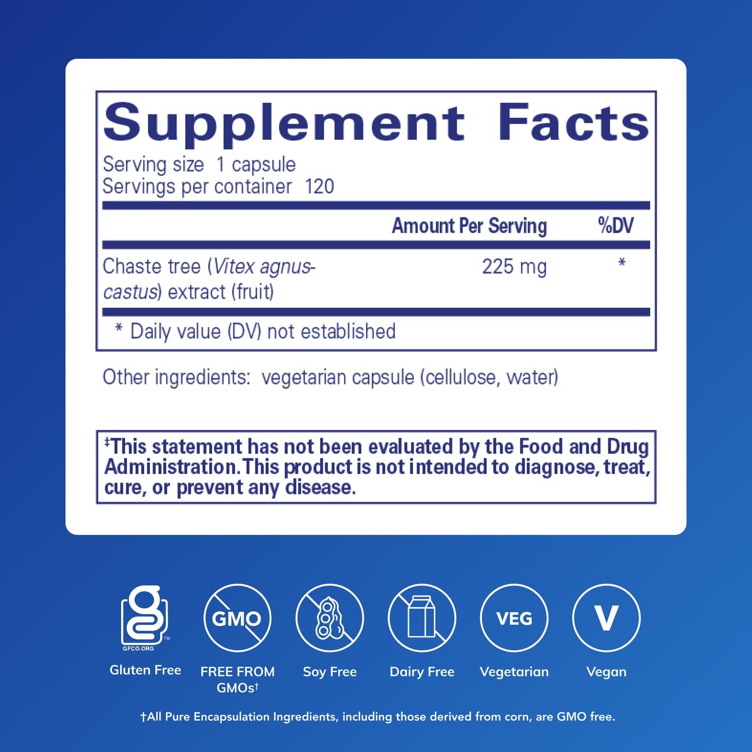 Label showing 225 mg Vitex extract per serving