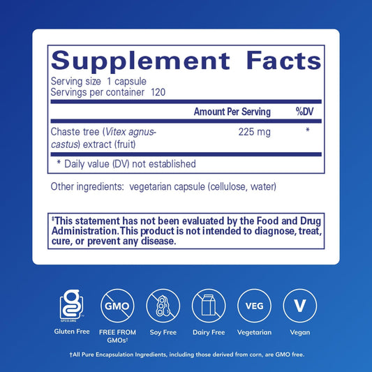 Label showing 225 mg Vitex extract per serving