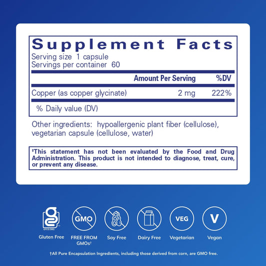 Close-up of Copper Glycinate 60 Capsules bottle and label