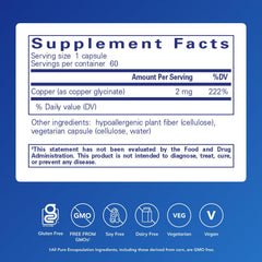 Close-up of Copper Glycinate 60 Capsules bottle and label
