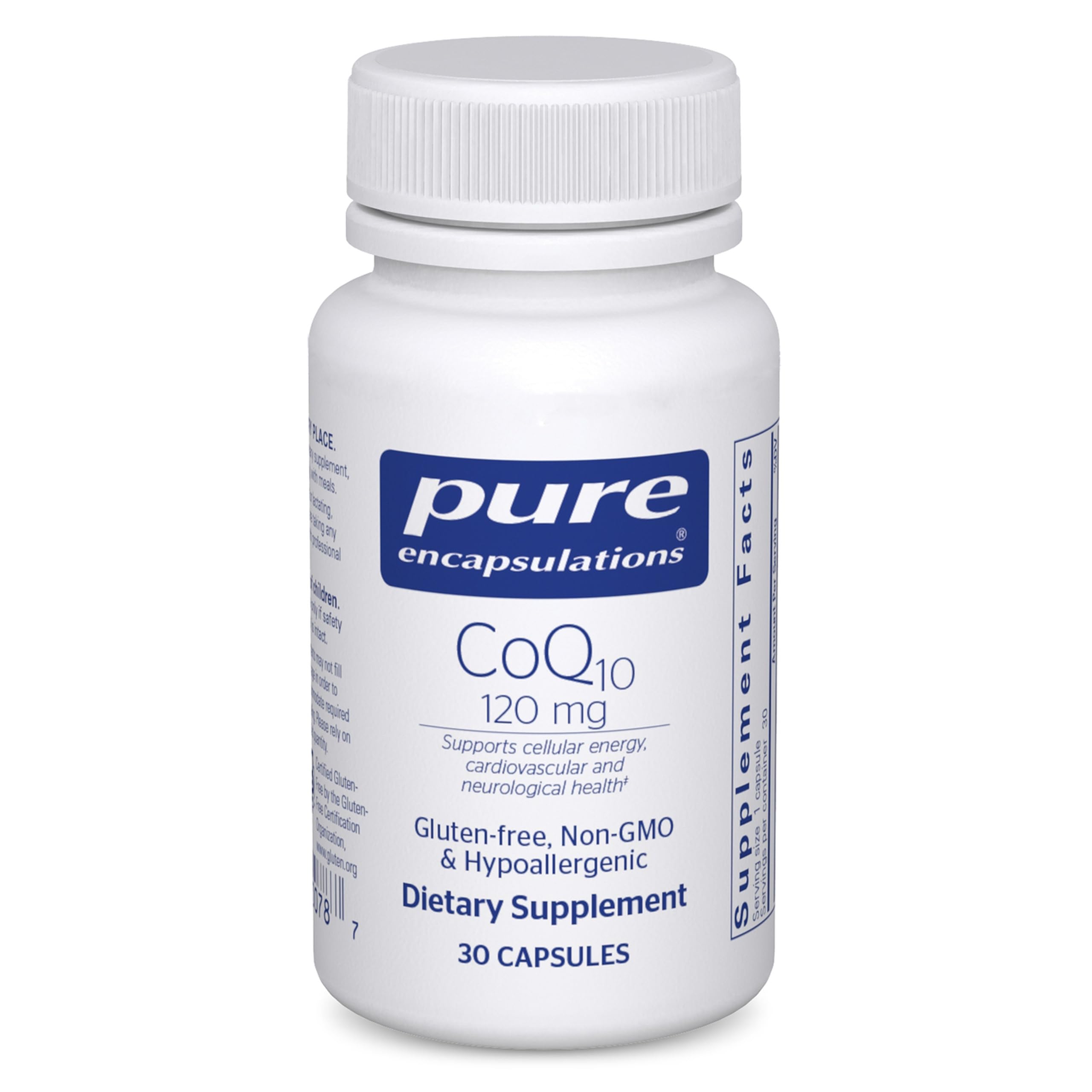Pure Encapsulations CoQ10 bottle front view highlighting packaging and product name.