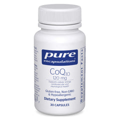 Pure Encapsulations CoQ10 bottle front view highlighting packaging and product name.