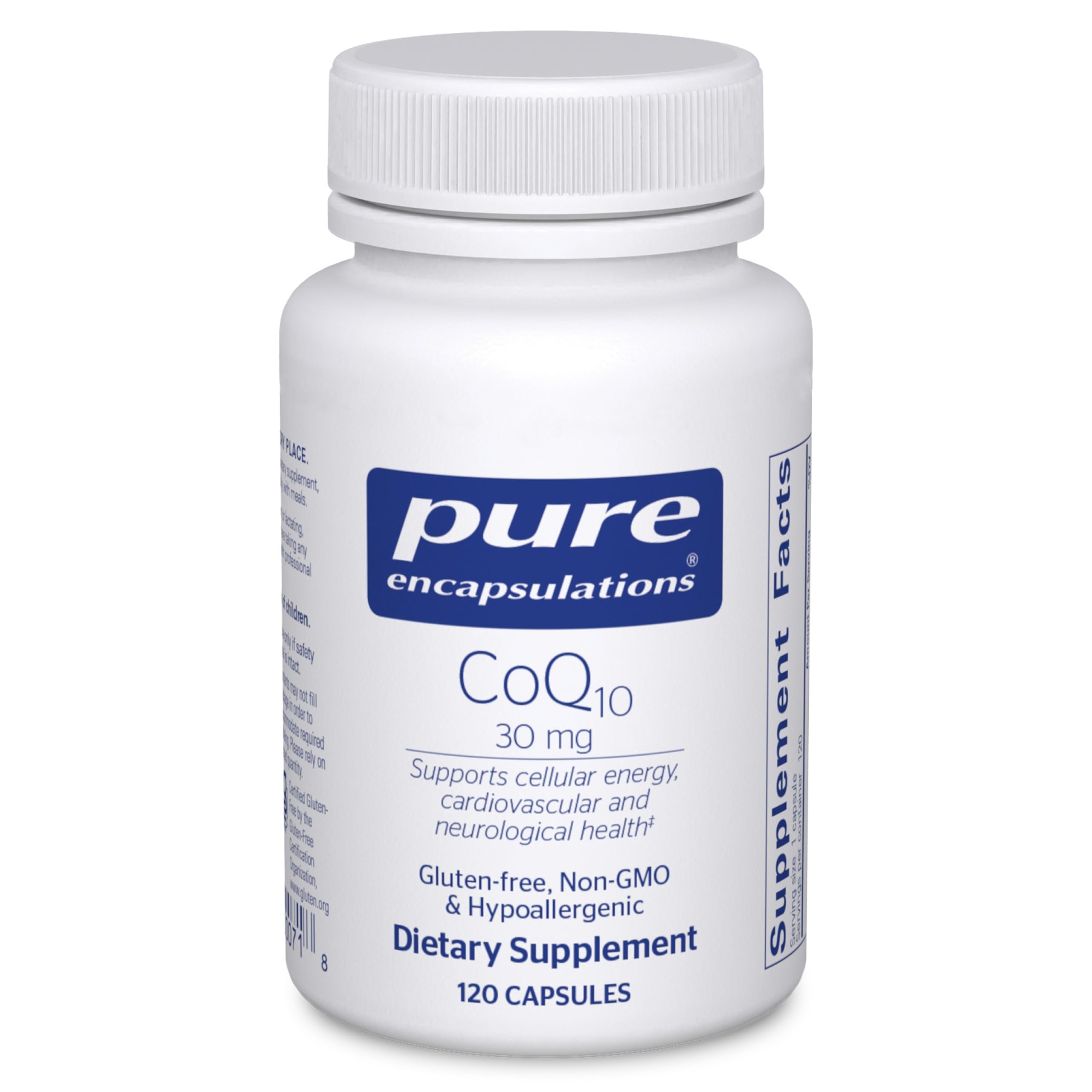Pure Encapsulations CoQ10 30 mg bottle front view for energy and cellular health